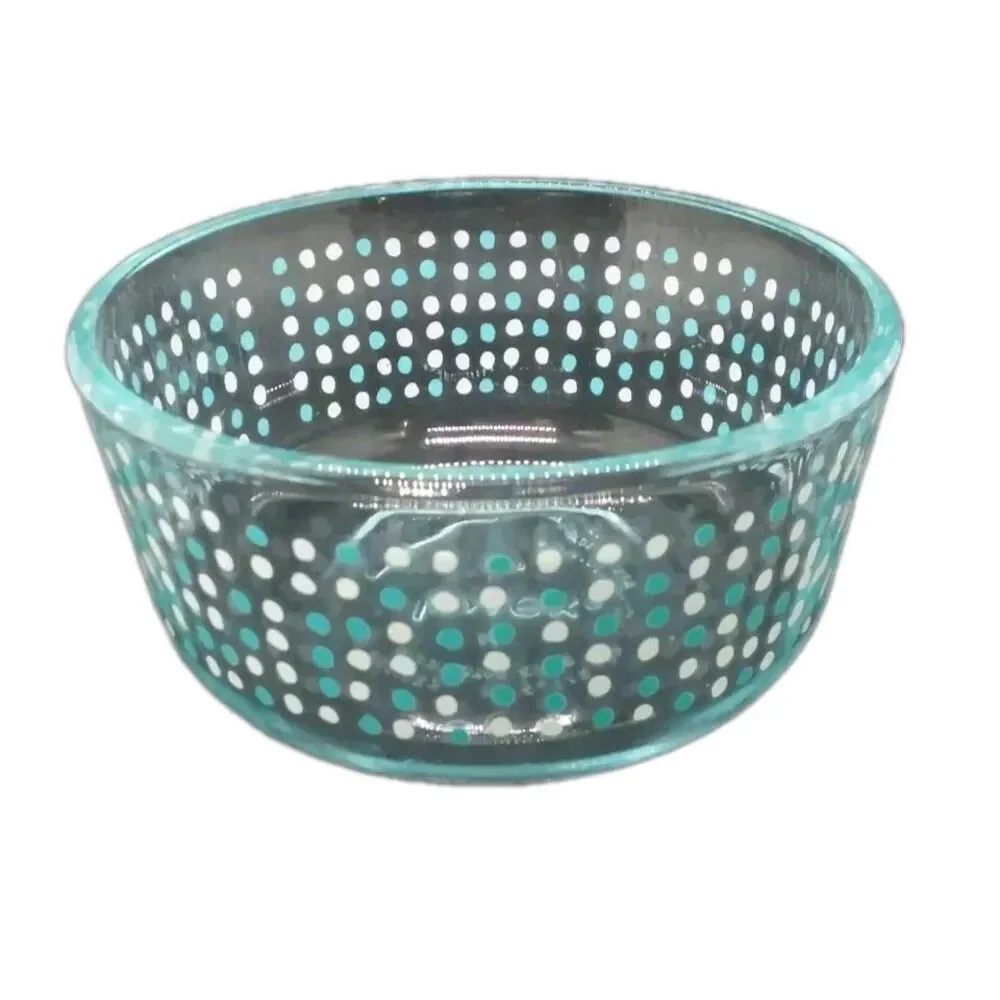 Pyrex Blue White Polka Dot Design 2 cup Bowl Clear Glass 7200 4.75 x 2 3/8 EUC